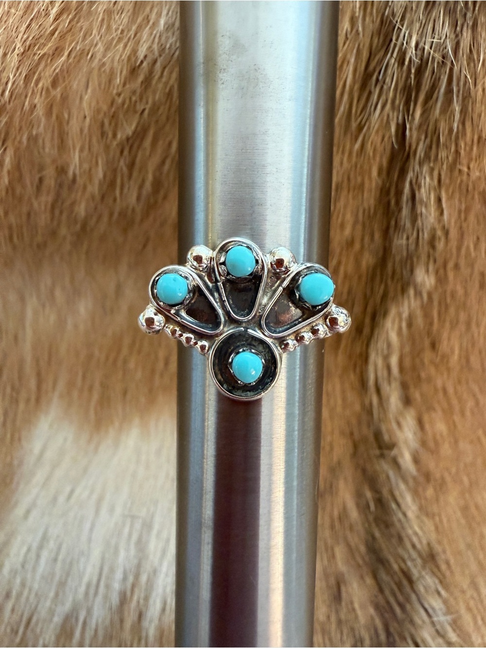 ❤️ Navajo Kingman Turquoise Sterling 4 Stone Sz 7 Fan Shape Native American Ring - Picture 11 of 15